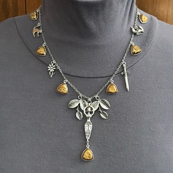 Freya Norse Mythology Goddess Handmade Viking Necklace, Sword, Gold Druzy Drops - Picture 3 of 16